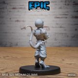 Doppelganger miniature seen from behind, revealing strapped harness across bare shoulders, curved tail, loose trousers bound at the ankle, and the creature mask held at the side. Sculpt by Epic Miniatures.