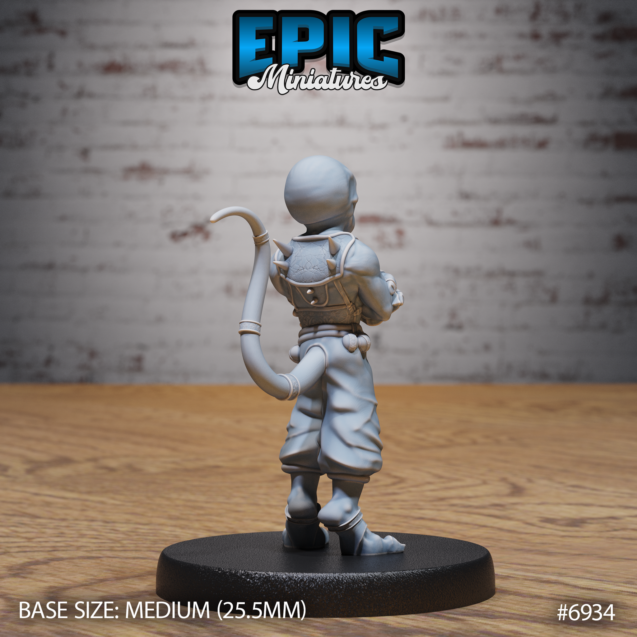Doppelganger miniature seen from behind, revealing strapped harness across bare shoulders, curved tail, loose trousers bound at the ankle, and the creature mask held at the side. Sculpt by Epic Miniatures.