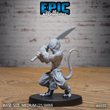 Doppelganger miniature crouched in a low combat stance, clutching a broad curved blade two-handed close to its blank, featureless face. Lithe build, spiked bracers, loose trousers, and a curved tail. Sculpt by Epic Miniatures.