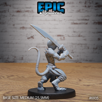 Doppelganger miniature raising a large cleaver-style blade overhead with both hands, its eyeless face turned upward, lean torso exposed. Spiked shoulder detail and a curved tail visible behind the figure. Sculpt by Epic Miniatures.