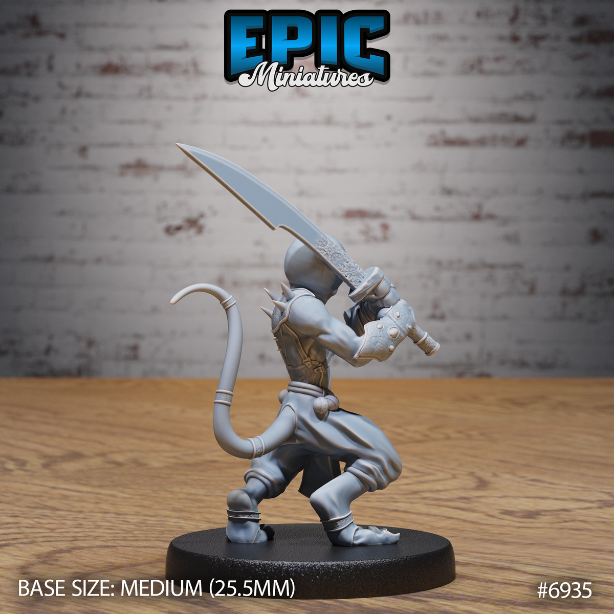 Doppelganger miniature raising a large cleaver-style blade overhead with both hands, its eyeless face turned upward, lean torso exposed. Spiked shoulder detail and a curved tail visible behind the figure. Sculpt by Epic Miniatures.