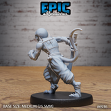 Doppelganger leaning forward in a sprinting crouch, a short bow visible across its back and a curved knife at the hip. Ornately engraved belt buckle, bound ankles, clawed digitigrade feet. Hairless and expressionless. Sculpt by Epic Miniatures.
