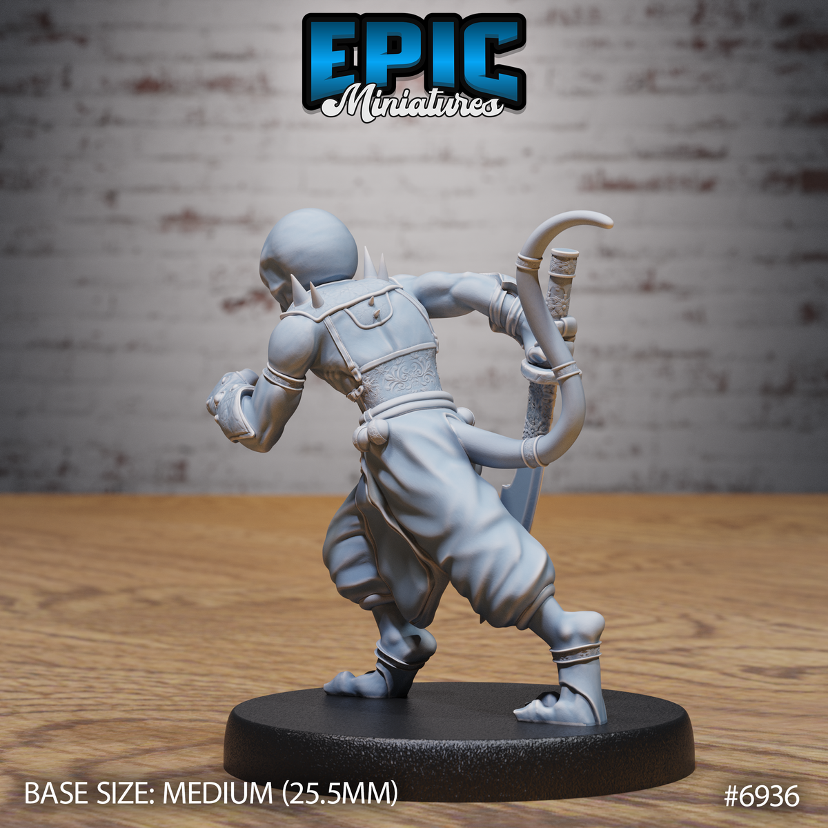 Doppelganger leaning forward in a sprinting crouch, a short bow visible across its back and a curved knife at the hip. Ornately engraved belt buckle, bound ankles, clawed digitigrade feet. Hairless and expressionless. Sculpt by Epic Miniatures.