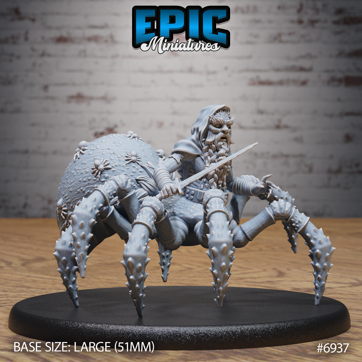 Bearded dwarf torso fused to a large spider body, sword raised in one hand, wearing a hooded cloak and scaled armour, with tiny spiders sculpted across the textured abdomen. By Epic Miniatures.