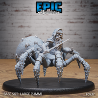 Bearded dwarf torso fused to a large spider body, sword raised in one hand, wearing a hooded cloak and scaled armour, with tiny spiders sculpted across the textured abdomen. By Epic Miniatures.