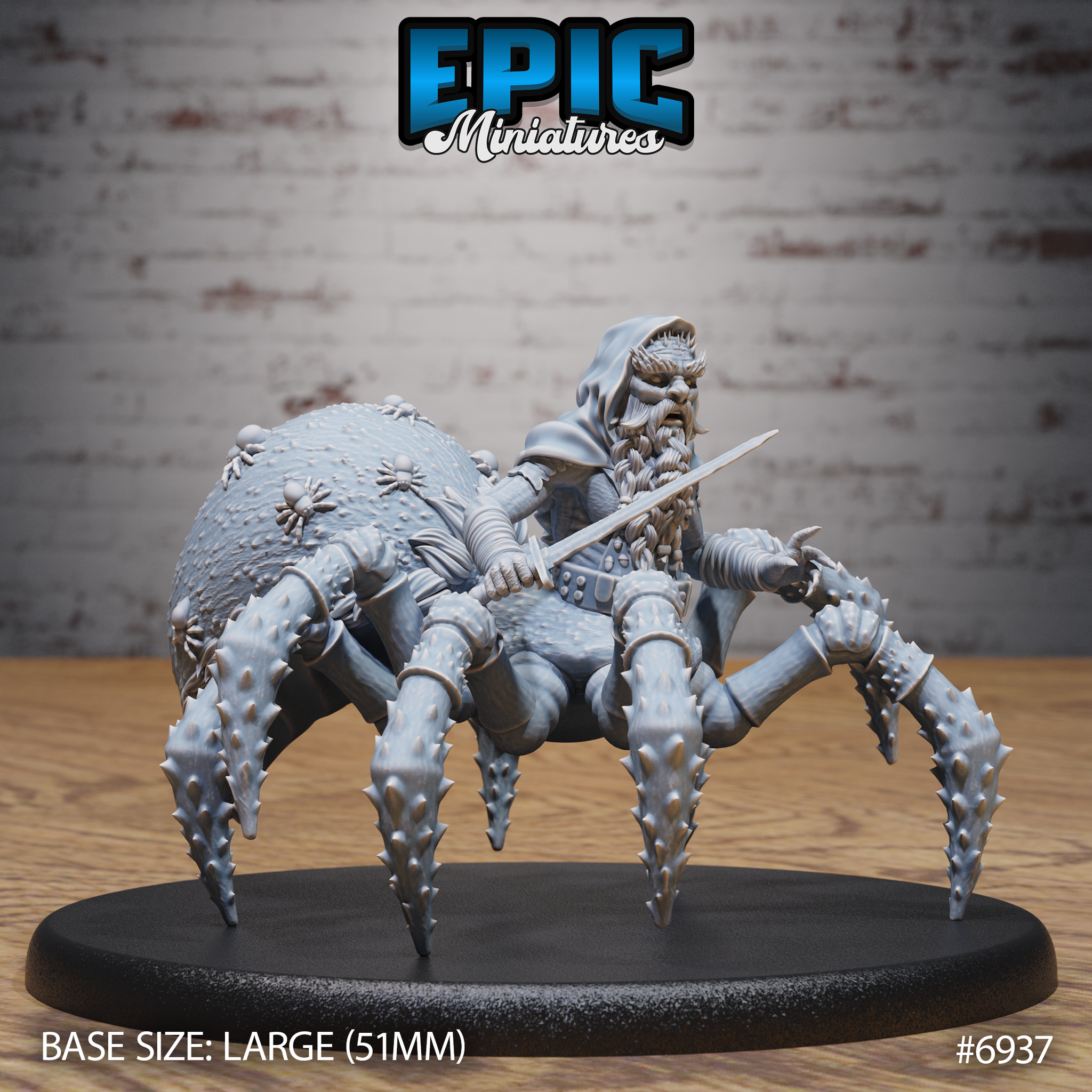 Bearded dwarf torso fused to a large spider body, sword raised in one hand, wearing a hooded cloak and scaled armour, with tiny spiders sculpted across the textured abdomen. By Epic Miniatures.