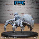 Dwarf Drider sculpt seen from behind, showing the hooded cloak, braided hair, and the large bumpy spider abdomen covered in small sculpted spiders, supported by eight barbed, segmented legs. By Epic Miniatures.