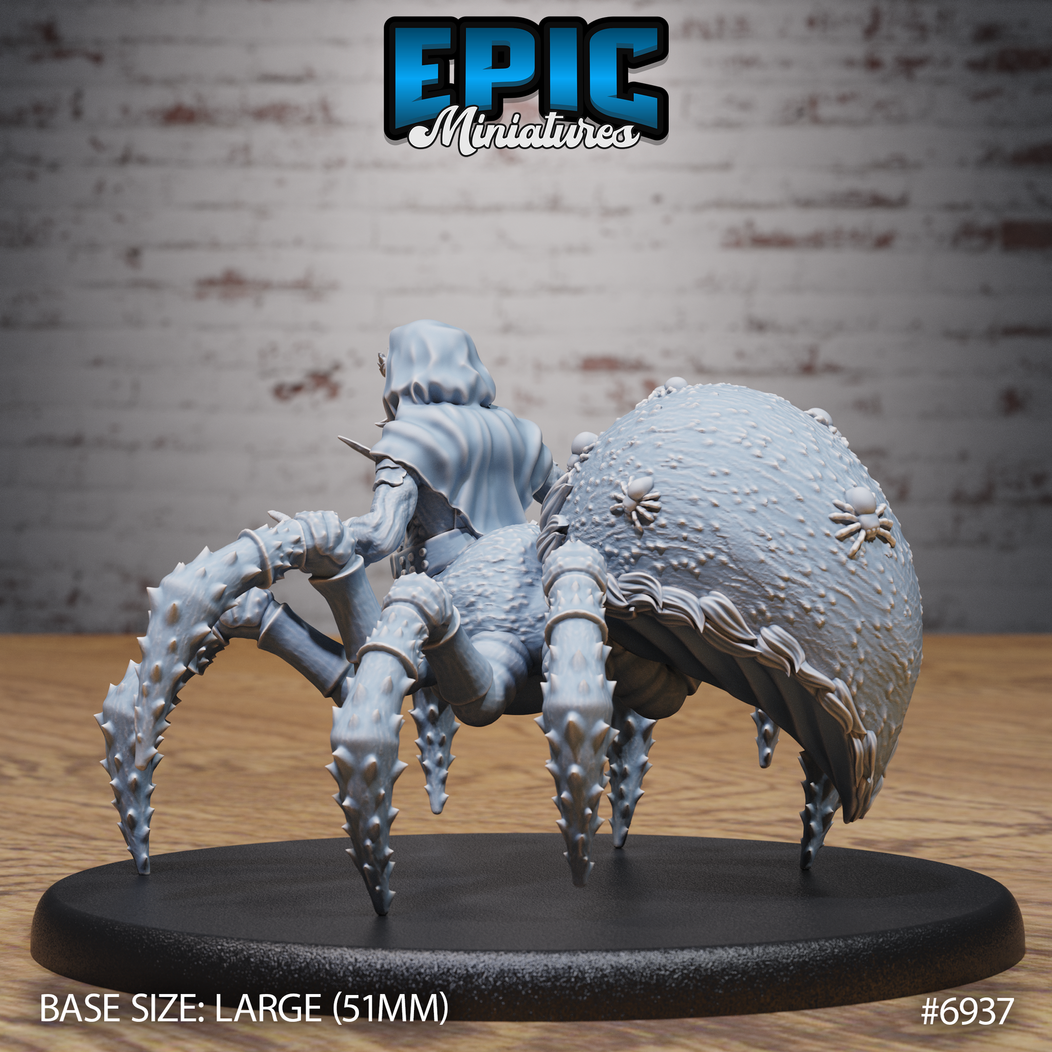 Dwarf Drider sculpt seen from behind, showing the hooded cloak, braided hair, and the large bumpy spider abdomen covered in small sculpted spiders, supported by eight barbed, segmented legs. By Epic Miniatures.