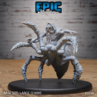 Broad-shouldered hooded dwarf with a thick braided beard merging into a large spiked spider body, arms outstretched, mounted on a large 51mm round base. Sculpt by Epic Miniatures.