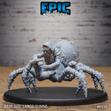 Bearded dwarf torso fused with a large spider body, hooded and gripping a small weapon, eight spined legs splayed wide, bulbous abdomen covered in raised bumps and spider motifs. Sculpt by Epic Miniatures.