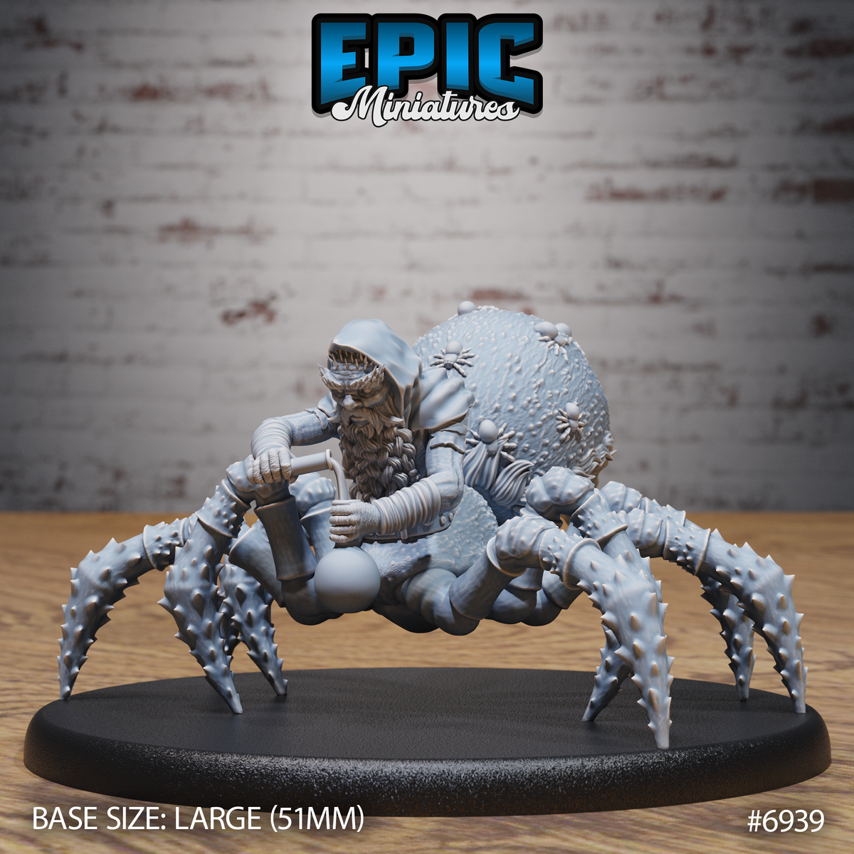 Bearded dwarf torso fused with a large spider body, hooded and gripping a small weapon, eight spined legs splayed wide, bulbous abdomen covered in raised bumps and spider motifs. Sculpt by Epic Miniatures.