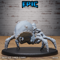 Rear view of the dwarf drider showing the heavily textured arachnid abdomen with raised nodules and engraved spider details across the shell surface, eight spined chitinous legs visible. Sculpt by Epic Miniatures.