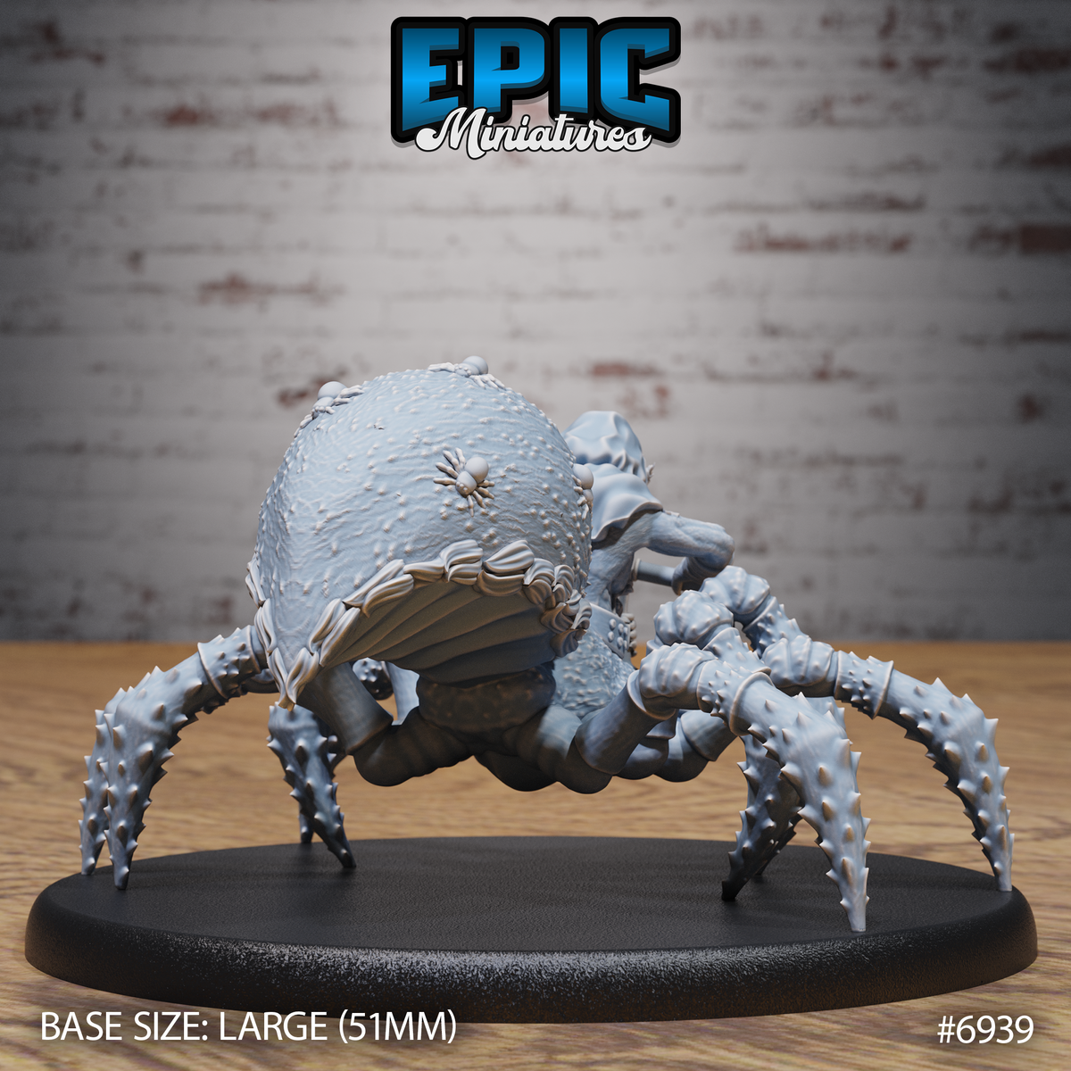 Rear view of the dwarf drider showing the heavily textured arachnid abdomen with raised nodules and engraved spider details across the shell surface, eight spined chitinous legs visible. Sculpt by Epic Miniatures.