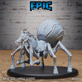 Horse Spider miniature by Epic Miniatures: horse head with compound eyes and bared teeth on a large-abdomen spider body, eight jointed legs, on a 51mm oval base. Front-facing threat pose.