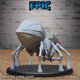 Horse Spider miniature by Epic Miniatures: swollen segmented abdomen dominates, chitin-jointed legs spread wide, snarling equine head turned slightly, mane sculpted in fine strands. Large oval base.