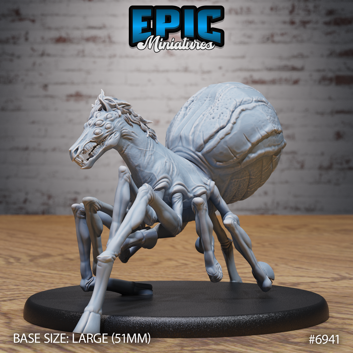 Horse Spider Chase by Epic Miniatures — equine head with multiple eyes and bared fangs on a spider body, eight spindly legs, large segmented abdomen, on a round base.