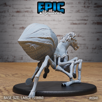 Horse Spider Chase by Epic Miniatures — rear angle showing the heavily textured, segmented abdomen and rear spider legs, with the snarling horse head visible over the thorax.