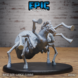 Horse Spider miniature by Epic Miniatures: snarling equine head with bared teeth and flowing mane atop a spider body, eight legs splayed wide, bulbous textured abdomen, mounted on a large oval base.