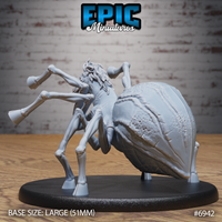 Horse Spider miniature by Epic Miniatures: view emphasising the broad pitted spider abdomen and raised chitin plating, equine forequarters rearing with legs extended, eight arachnid limbs visible beneath, large oval base.
