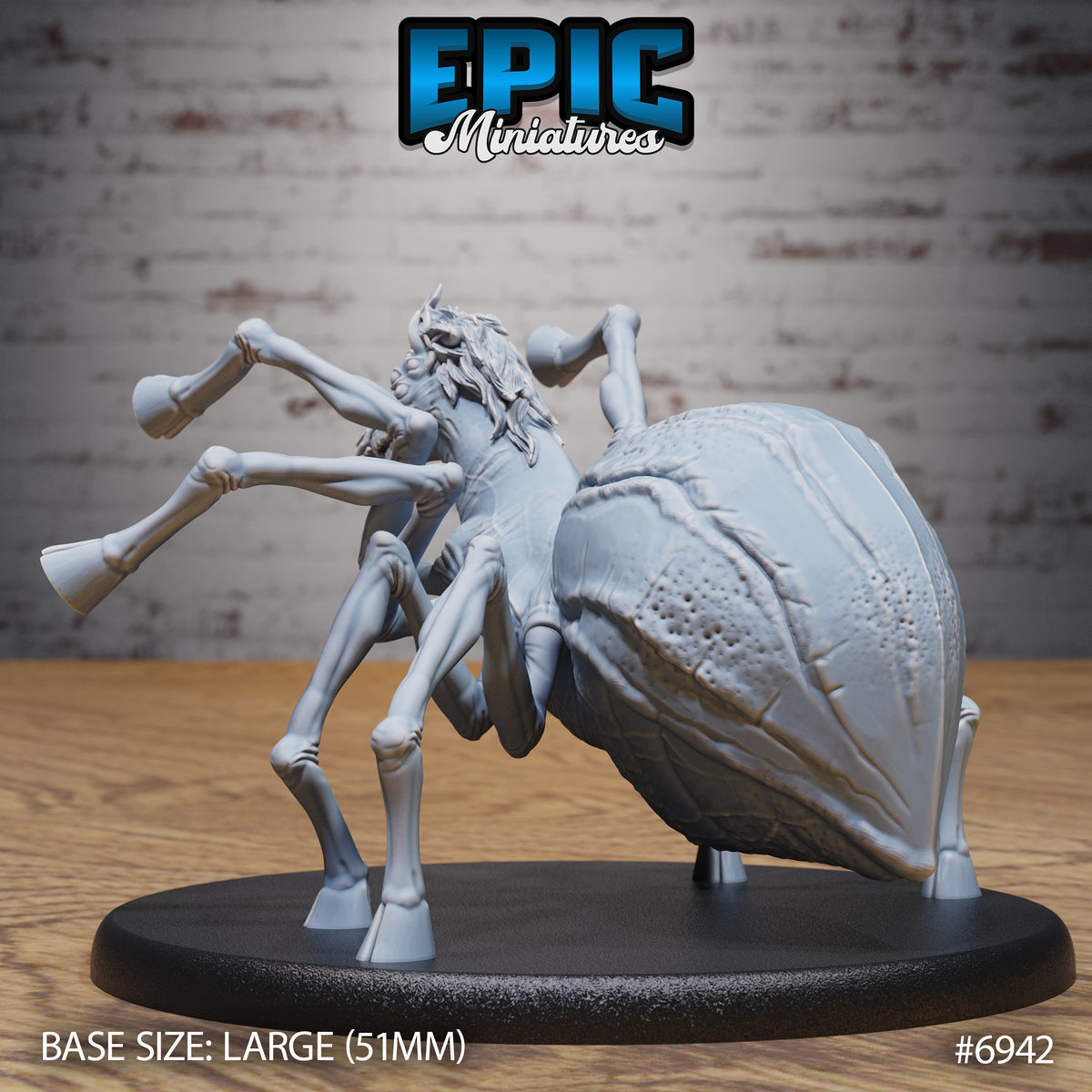 Horse Spider miniature by Epic Miniatures: view emphasising the broad pitted spider abdomen and raised chitin plating, equine forequarters rearing with legs extended, eight arachnid limbs visible beneath, large oval base.