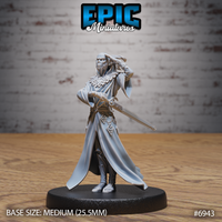Angular gith sorcerer standing upright, one hand raised to temple, holding a longsword outward. Wearing layered flowing robes with chain details and scaled pauldrons. Sculpt by Epic Miniatures.