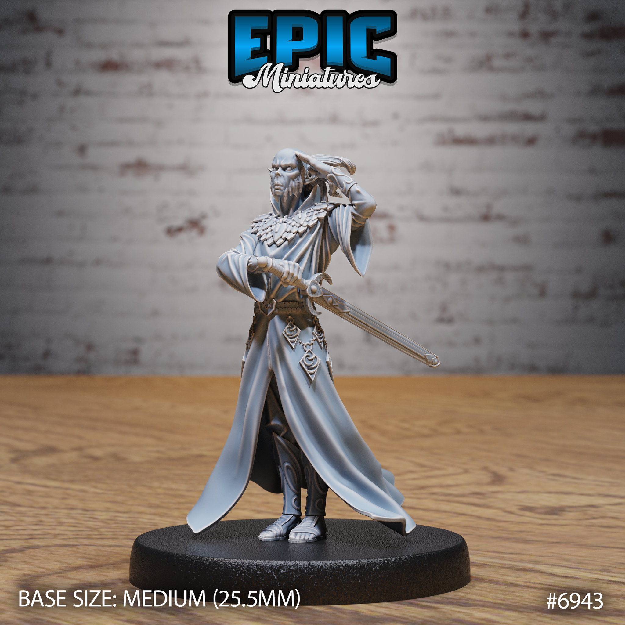 Angular gith sorcerer standing upright, one hand raised to temple, holding a longsword outward. Wearing layered flowing robes with chain details and scaled pauldrons. Sculpt by Epic Miniatures.