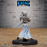 Gith sorcerer viewed from behind, longsword held low at the side, long hair swept back, billowing robes with sculpted folds visible across the back and hem. Sculpt by Epic Miniatures.