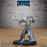 Gith sorcerer leaning forward mid-cast, one arm extended holding a dragon-headed staff wreathed in swirling energy, other hand raised with splayed fingers, wearing a long flowing coat with a scaled shoulder collar and chain sash, an ethereal shroud rising above a shaved angular head. Sculpt by Epic Miniatures.
