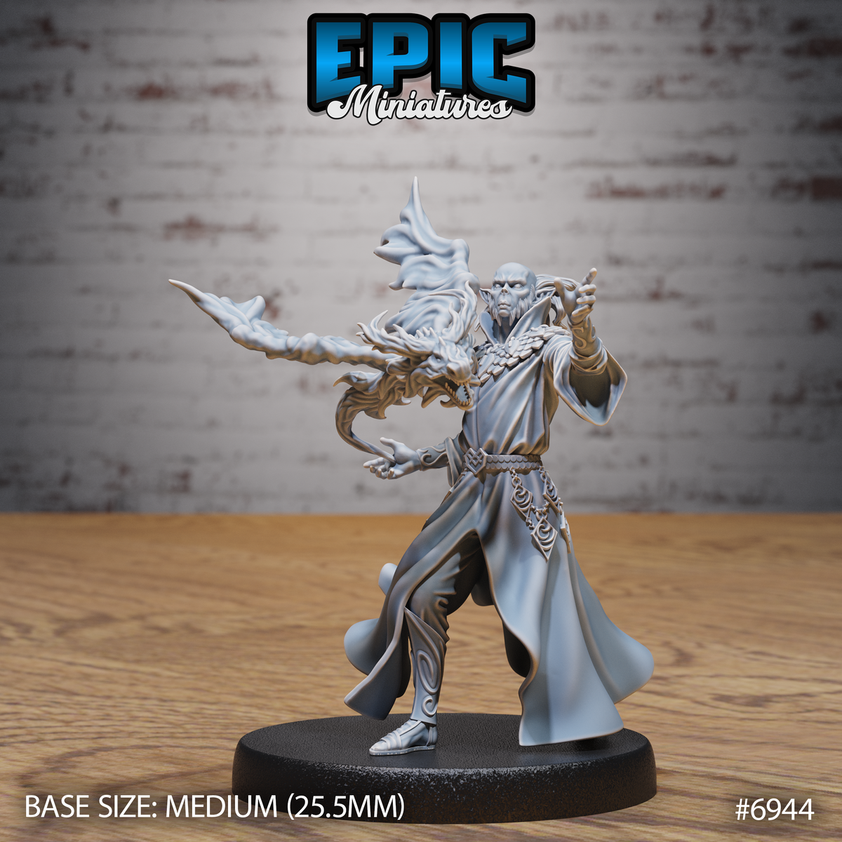 Gith sorcerer leaning forward mid-cast, one arm extended holding a dragon-headed staff wreathed in swirling energy, other hand raised with splayed fingers, wearing a long flowing coat with a scaled shoulder collar and chain sash, an ethereal shroud rising above a shaved angular head. Sculpt by Epic Miniatures.