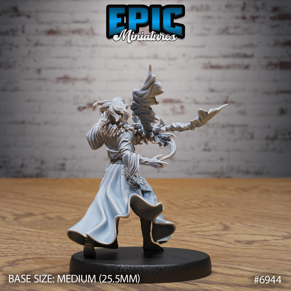 Gith sorcerer seen from behind and to one side, long coat swept forward showing the billowing hem and fine robe detailing, one arm thrust out grasping a dragon-headed staff, hair loose and whipping back, the ethereal crown effect clearly visible above the head. Sculpt by Epic Miniatures.