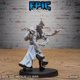 Gith sorcerer seen from behind and to one side, long coat swept forward showing the billowing hem and fine robe detailing, one arm thrust out grasping a dragon-headed staff, hair loose and whipping back, the ethereal crown effect clearly visible above the head. Sculpt by Epic Miniatures.