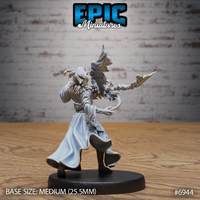 Gith sorcerer seen from behind and to one side, long coat swept forward showing the billowing hem and fine robe detailing, one arm thrust out grasping a dragon-headed staff, hair loose and whipping back, the ethereal crown effect clearly visible above the head. Sculpt by Epic Miniatures.