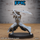 Gith sorcerer-warrior with long flowing hair, raising a large serrated two-handed sword overhead in a wide lunging stance, wearing scale shoulder armour and billowing robes with a decorated belt. Sculpt by Epic Miniatures.