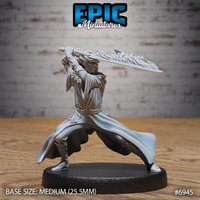 Gith sorcerer-warrior with long flowing hair, raising a large serrated two-handed sword overhead in a wide lunging stance, wearing scale shoulder armour and billowing robes with a decorated belt. Sculpt by Epic Miniatures.