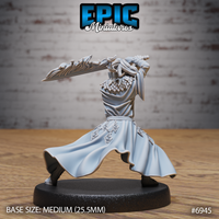 Gith warrior in wide fighting stance, gripping a broad serrated sword raised for a downward strike, featuring pointed ears, scaled pauldrons, layered robes flaring at the base, and rune-carved belt pendants. Sculpt by Epic Miniatures.