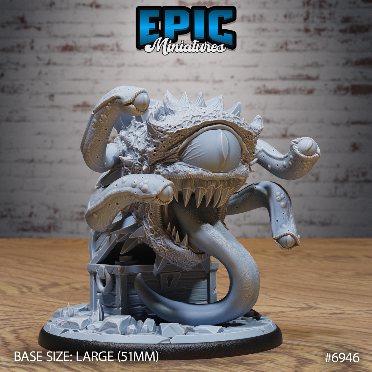 Spectator Tyrant by Epic Miniatures — a bloated, spike-covered beholder-kin with a massive central eye and open toothy maw erupting from a detailed treasure chest, tentacles coiling outward, on a rubble-scattered oval base.