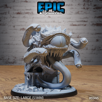 Spectator Tyrant by Epic Miniatures — a bloated, spike-covered beholder-kin with a massive central eye and open toothy maw erupting from a detailed treasure chest, tentacles coiling outward, on a rubble-scattered oval base.