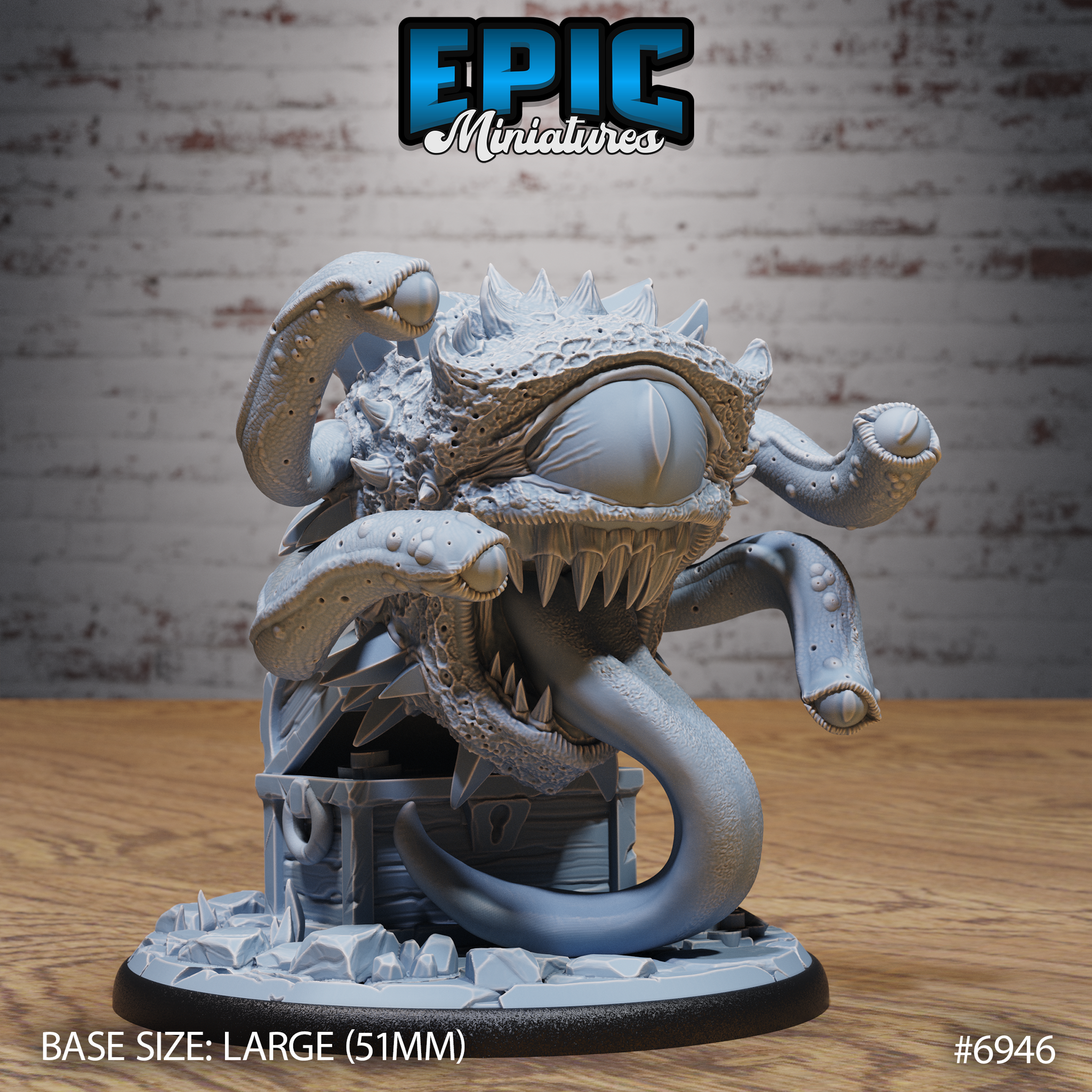 Spectator Tyrant by Epic Miniatures — a bloated, spike-covered beholder-kin with a massive central eye and open toothy maw erupting from a detailed treasure chest, tentacles coiling outward, on a rubble-scattered oval base.