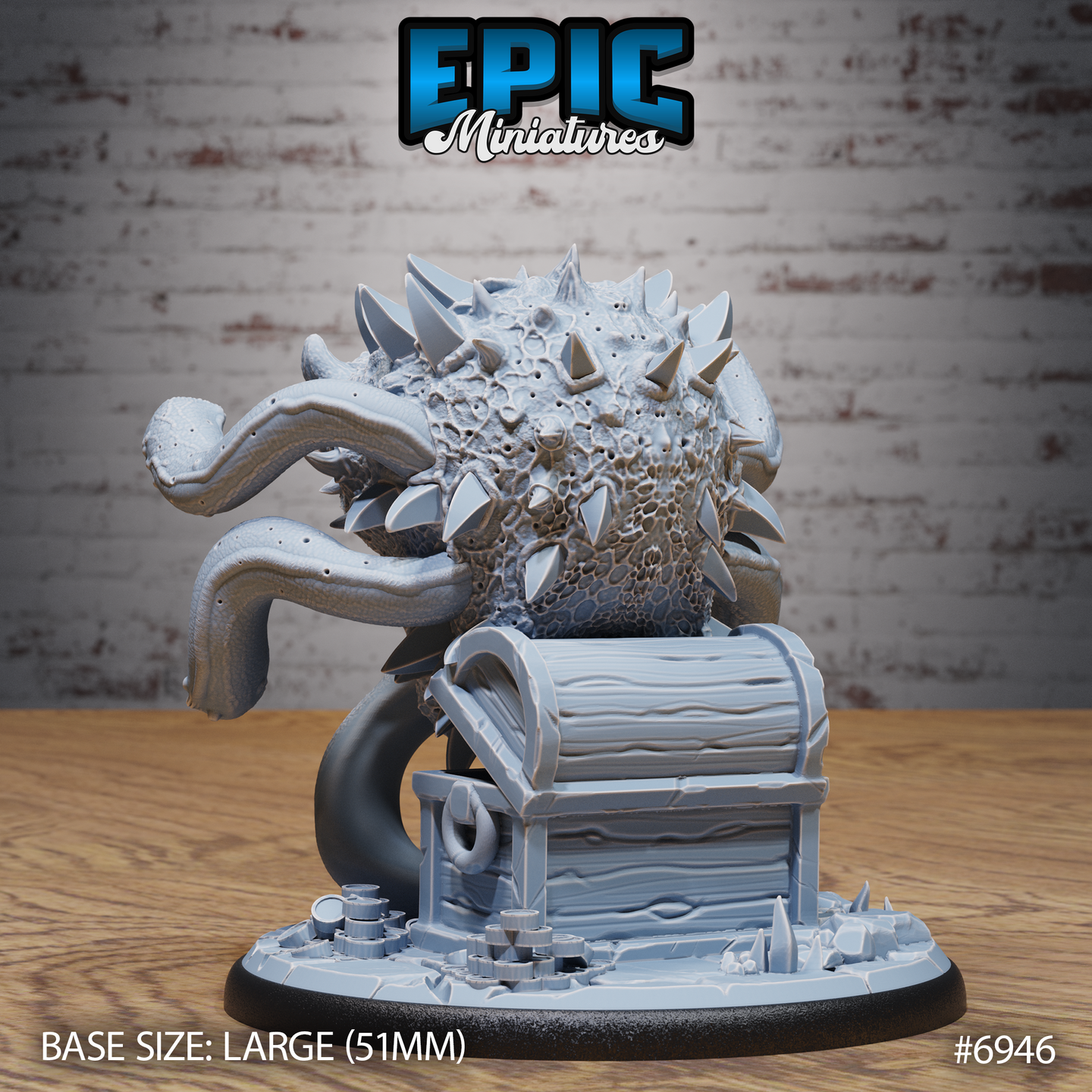 Spectator Tyrant by Epic Miniatures — rear view showing the densely spiked, warty body of the beholder-kin cresting out of a wooden treasure chest, with two curling tentacles visible against a rubble-strewn scenic base.