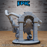 Spectator Tyrant Ray by Epic Miniatures — rear view showing the creature's heavily textured scaly hide, dorsal spines, and a thick tentacle coiling around a dungeon column beside a broken stone archway on a cracked flagstone base.