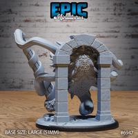 Spectator Tyrant Ray by Epic Miniatures — rear view showing the creature's heavily textured scaly hide, dorsal spines, and a thick tentacle coiling around a dungeon column beside a broken stone archway on a cracked flagstone base.