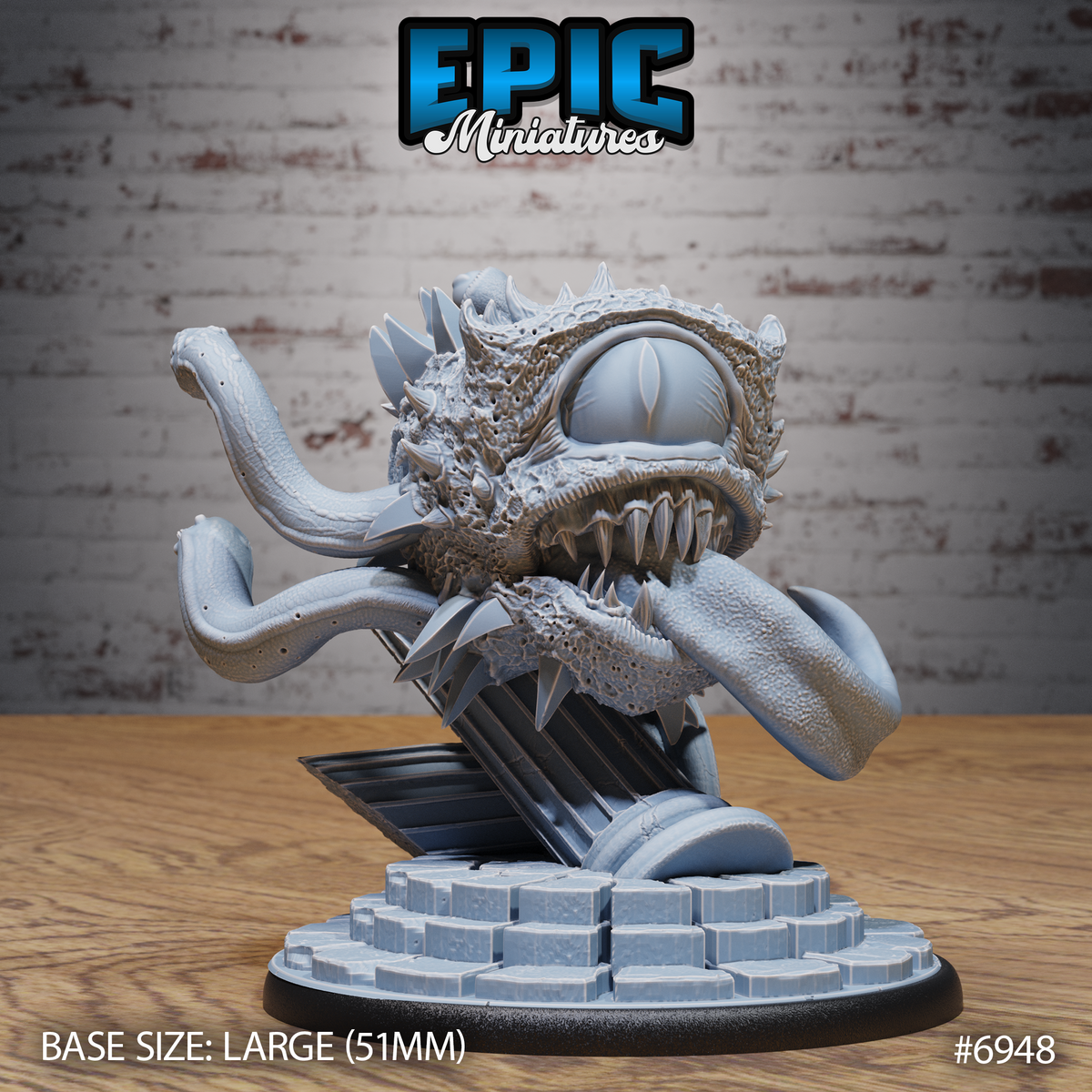 Spectator Tyrant Chase by Epic Miniatures — front view of a bloated, spiny orb creature with one huge eye, wide-open fang-filled maw, lolling tongue, and multiple coiling tentacles, bursting through a broken dungeon grate on a stepped stone base.