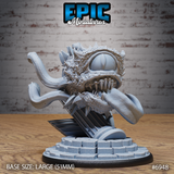 Spectator Tyrant Chase by Epic Miniatures — front view of a bloated, spiny orb creature with one huge eye, wide-open fang-filled maw, lolling tongue, and multiple coiling tentacles, bursting through a broken dungeon grate on a stepped stone base.