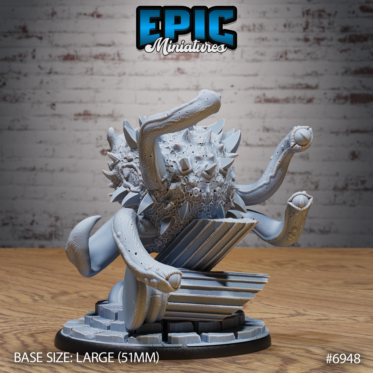 Spectator Tyrant Chase by Epic Miniatures — rear three-quarter angle showing warty, pitted hide, bony dorsal spines, and multiple tentacles with hollow ring tips reaching outward, mounted on a broken dungeon grate over a tiered decorative stone base.