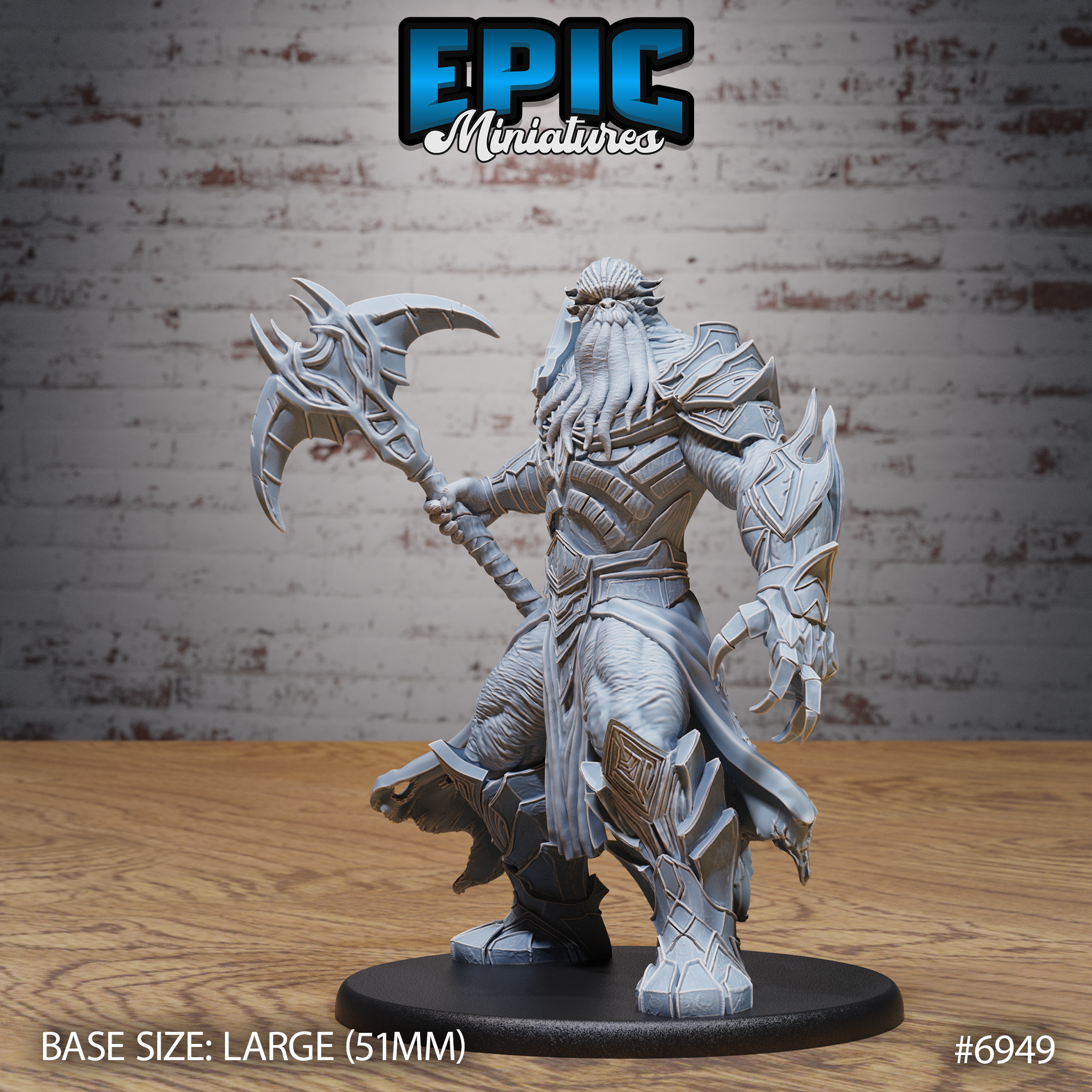 Armoured illithid berserker striding forward, wielding a large forked scythe-axe, wearing interlocking angular plate armour with a clawed gauntlet, tentacled face framed by wild hair. Sculpt by Epic Miniatures.