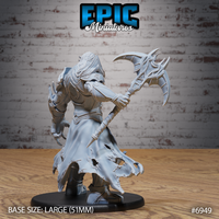 Illithid berserker seen from behind, scythe-axe raised and sweeping outward, billowing tattered coat flowing at the hem, angular backplate armour with engraved geometric detailing visible. Sculpt by Epic Miniatures.
