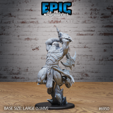 Broad-shouldered armoured berserker winding up an overhead strike with a curved axe, wearing layered plate and tattered robes, standing on a rocky base. Sculpt by Epic Miniatures.