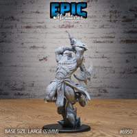Broad-shouldered armoured berserker winding up an overhead strike with a curved axe, wearing layered plate and tattered robes, standing on a rocky base. Sculpt by Epic Miniatures.