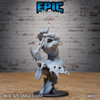 Armoured berserker twisting mid-attack with a spiked polearm raised overhead, tattered cloak flowing behind, angular engravings on plate armour visible across the back. Sculpt by Epic Miniatures.