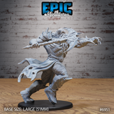 Heavily armoured berserker figure lunging forward with a short spear extended in one hand and a splayed claw reaching out in the other, tattered cape streaming behind, on a large oval base. Sculpt by Epic Miniatures.
